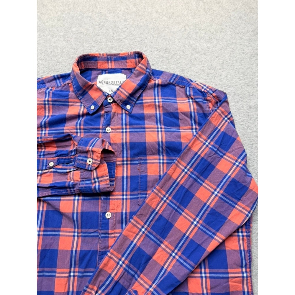 Aeropostale Mens Plaid Button Down Shirt Orange Blue Long Sleeve Large D-2-2